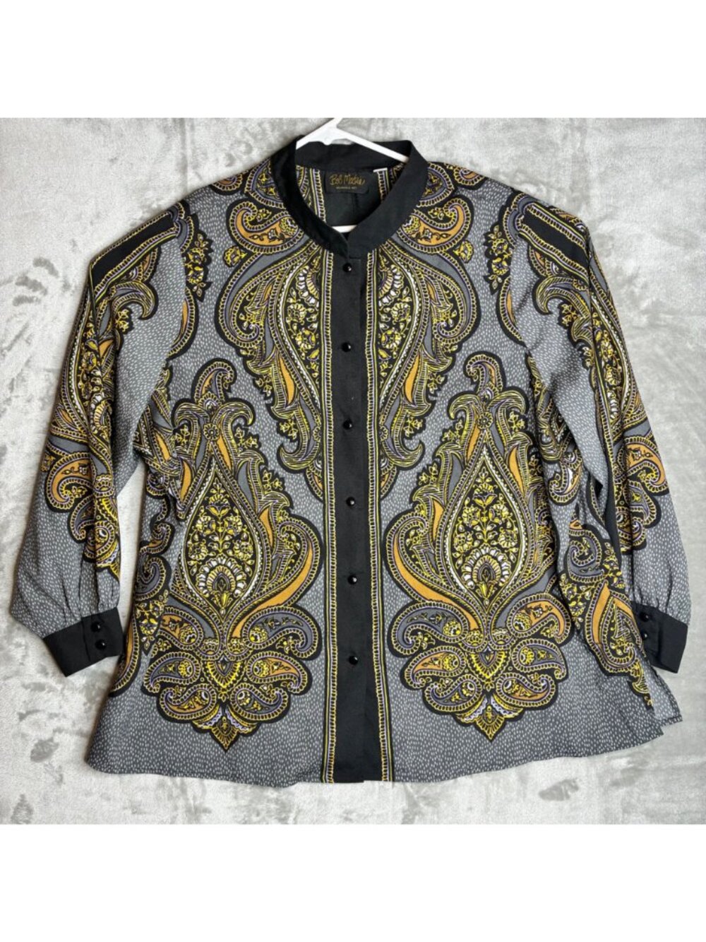 Bob Mackie Wearable Art Paisley Button-Up Shirt 2X Gray & Yellow Long Sleeve PET - Picture 2 of 11
